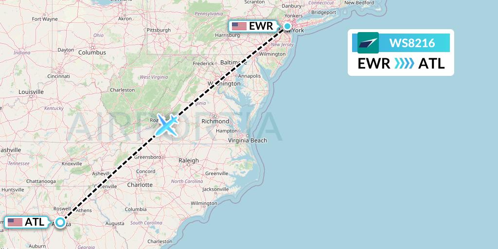 WS8216 WestJet Flight Map: New York to Atlanta