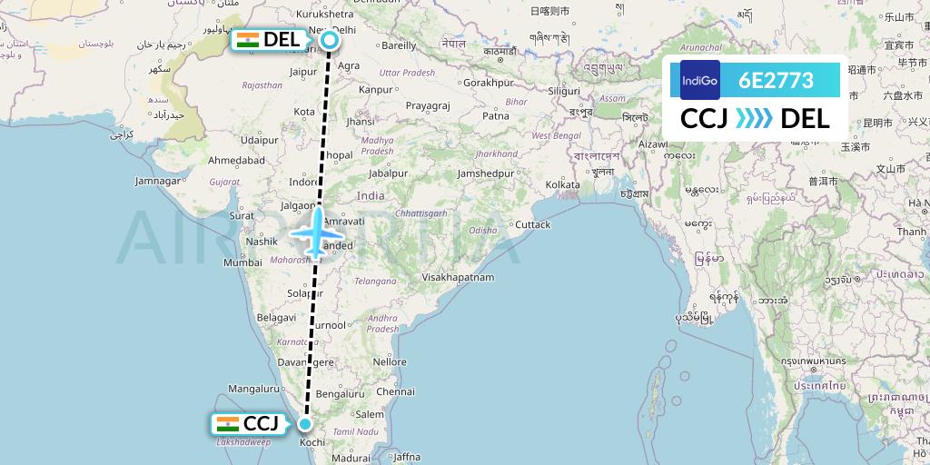6E2773 IndiGo Airlines Flight Map: Kozhikode to Delhi