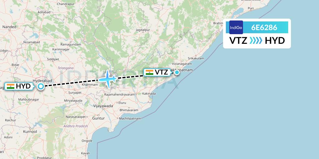 6E6286 IndiGo Airlines Flight Map: Visakhapatnam to Hyderabad