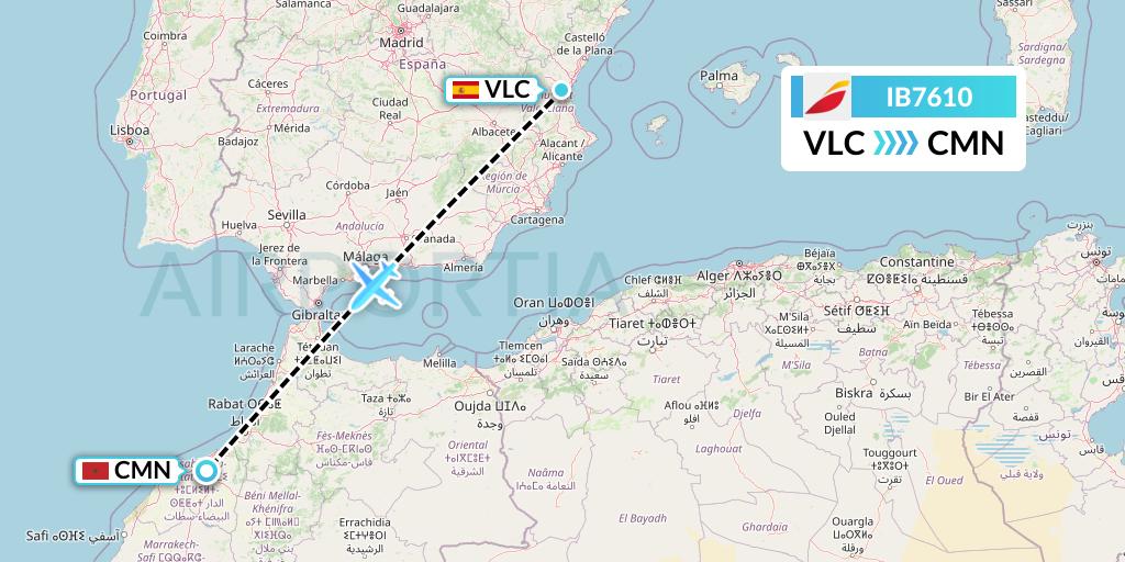 IB7610 Iberia Flight Map: Valencia to Casablanca