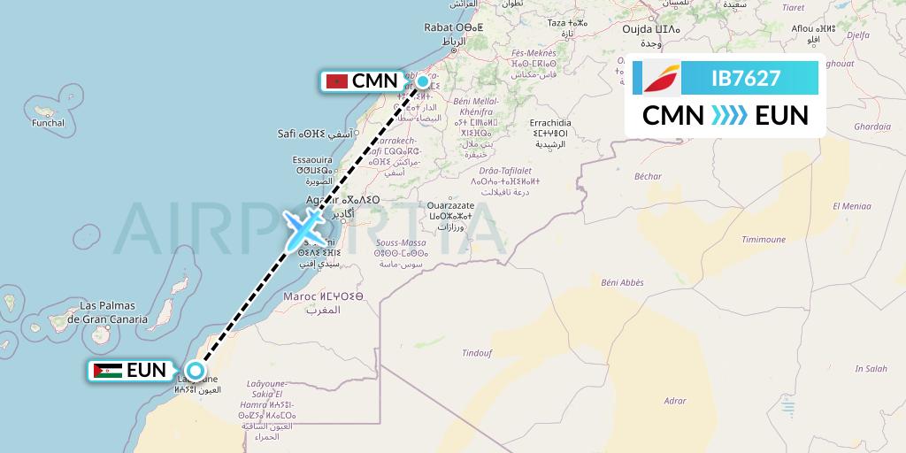 IB7627 Iberia Flight Map: Casablanca to El Aaiun