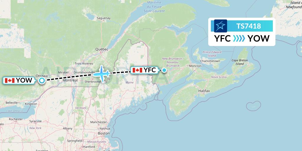 TS7418 Air Transat Flight Map: Fredericton to Ottawa