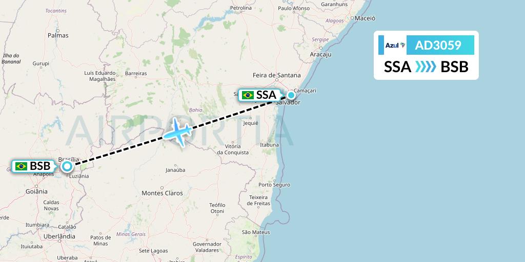 AD3059 Azul Brazilian Airlines Flight Map: Salvador to Brasilia