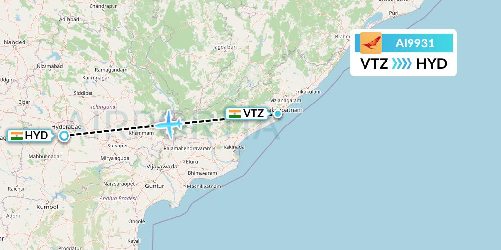 AI9931 Air India Flight Map: Visakhapatnam to Hyderabad
