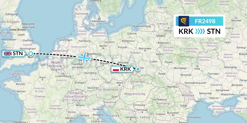 FR2498 Ryanair Flight Map: Krakow to London