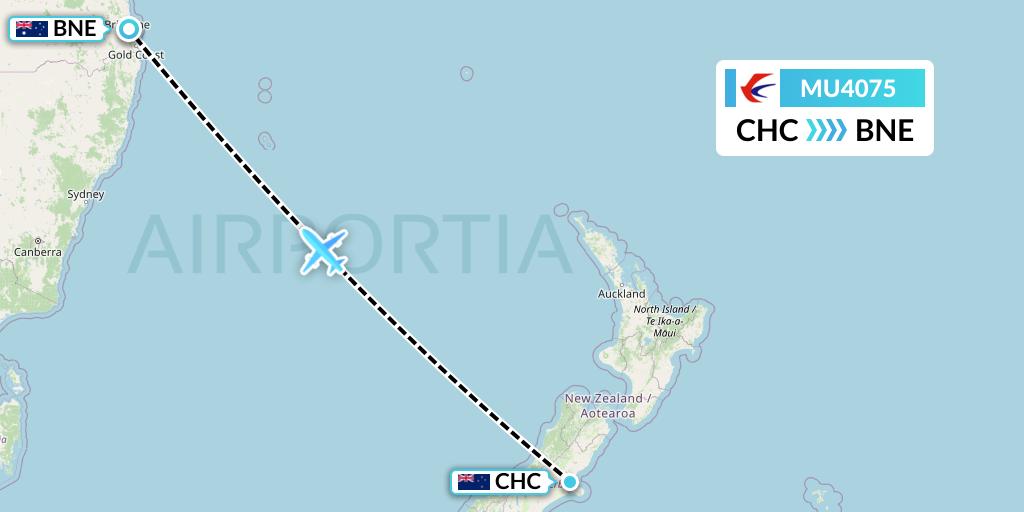 MU4075 China Eastern Airlines Flight Map: Christchurch to Brisbane