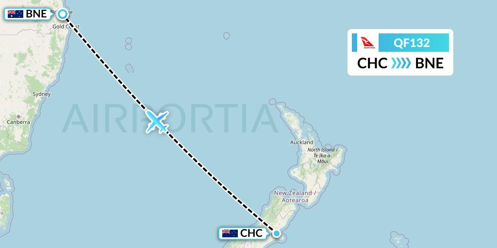 QF132 Qantas Flight Map: Christchurch to Brisbane