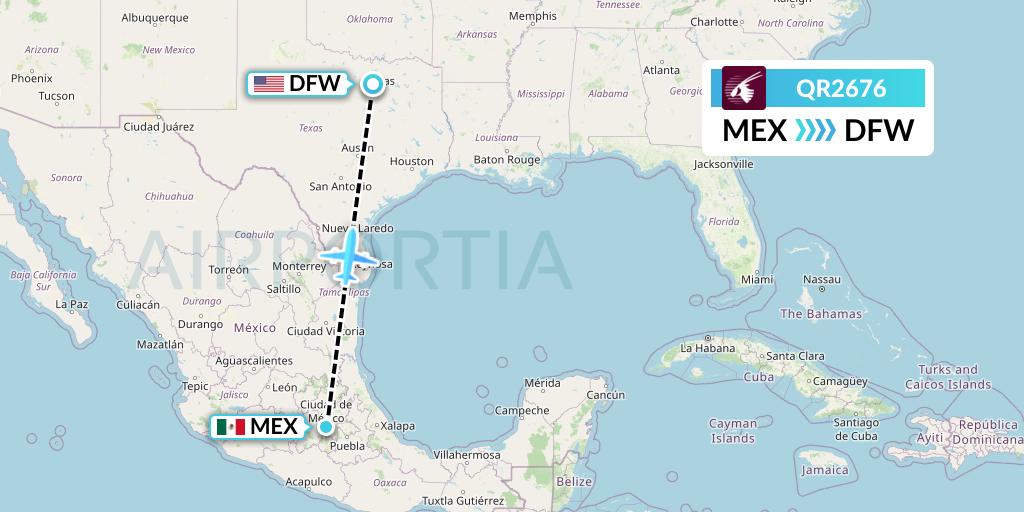 QR2676 Qatar Airways Flight Map: Mexico City to Dallas