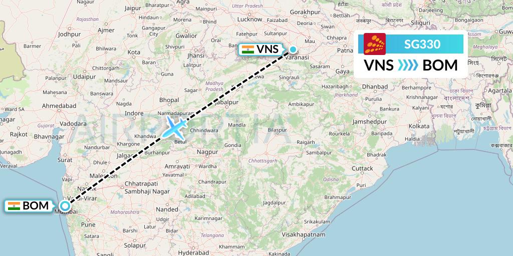 SG330 SpiceJet Flight Map: Varanasi to Mumbai