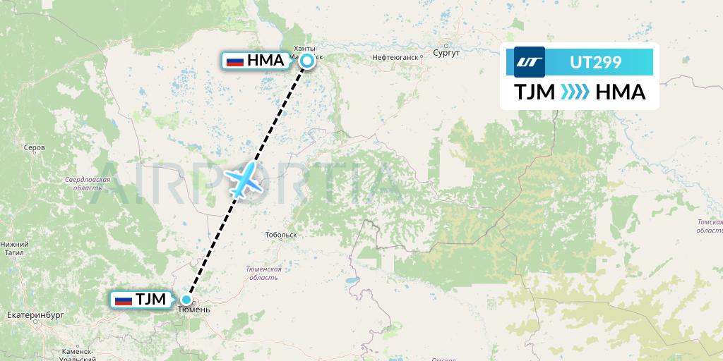 UT299 UTair Flight Map: Tyumen to Khanty-Mansiysk