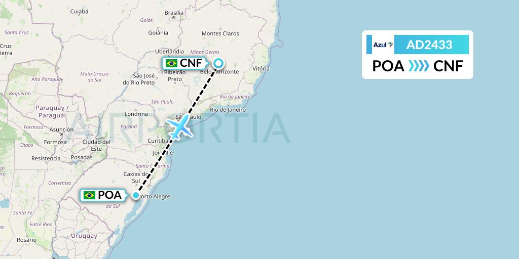 AD2433 Azul Brazilian Airlines Flight Map: Porto Alegre to Belo Horizonte