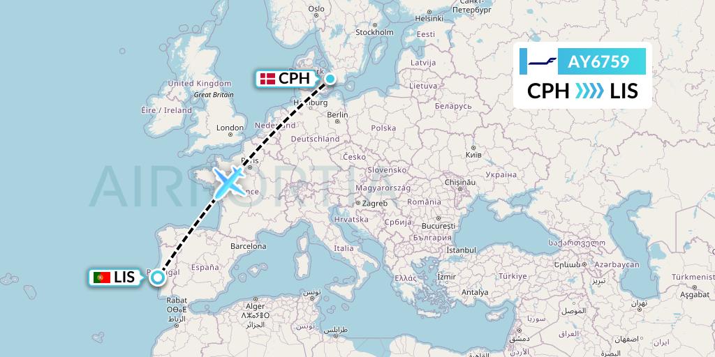 AY6759 Finnair Flight Map: Copenhagen to Lisbon