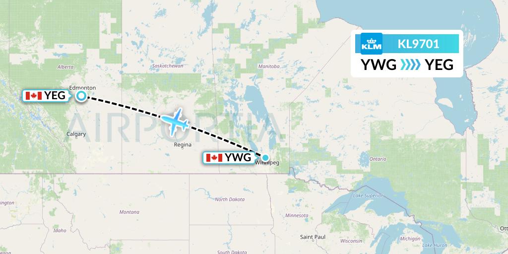KL9701 KLM Flight Map: Winnipeg to Edmonton