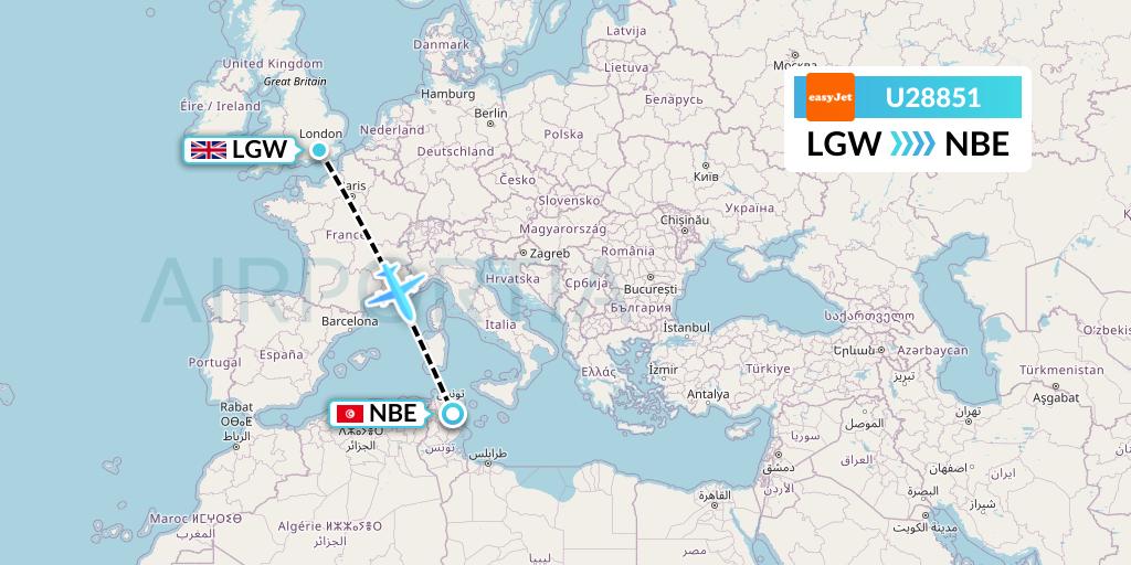 U28851 EasyJet Flight Map: London to Enfidha