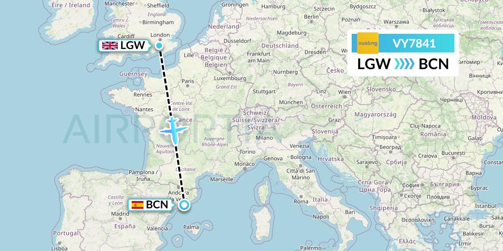 VY7841 Vueling Flight Map: London to Barcelona