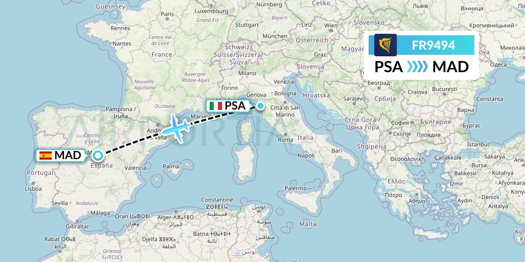 FR9494 Ryanair Flight Map: Pisa to Madrid