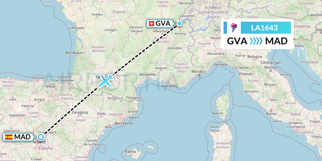 LA1643 LAN Airlines Flight Map: Geneva to Madrid