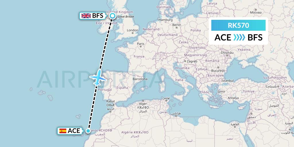 RK570 Ryanair UK Flight Map: Lanzarote to Belfast