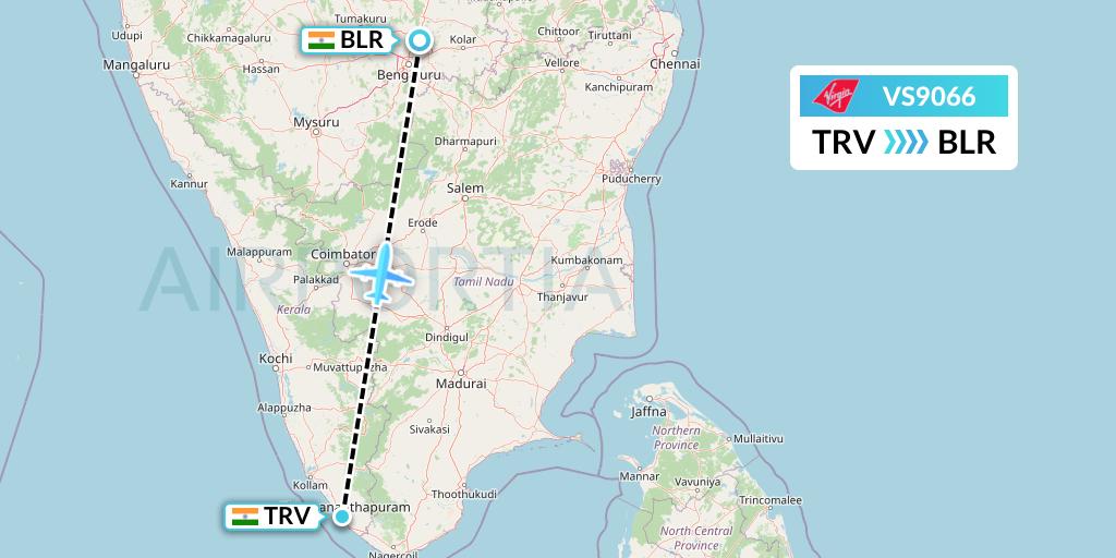 VS9066 Virgin Atlantic Airways Flight Map: Thiruvananthapuram to Bangalore
