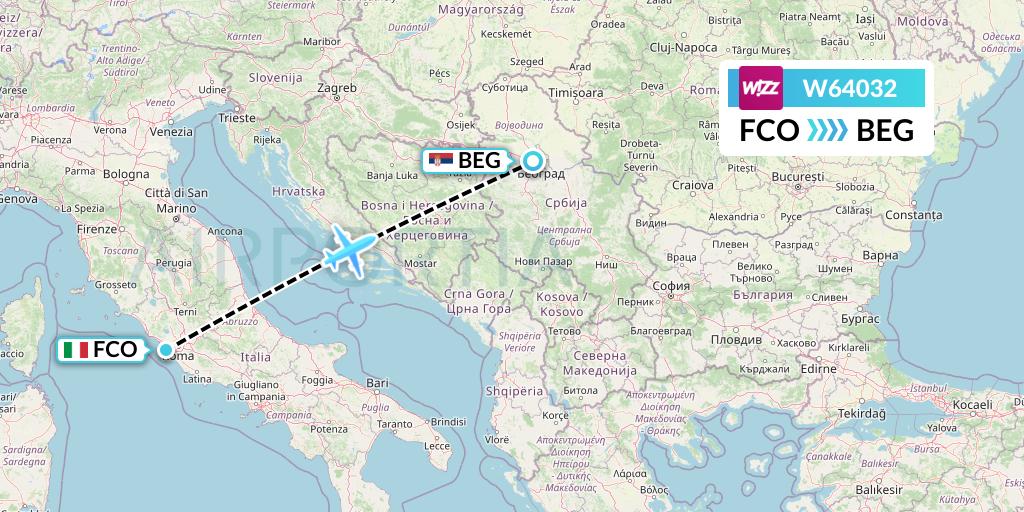 W64032 Wizz Air Flight Map: Rome to Belgrade
