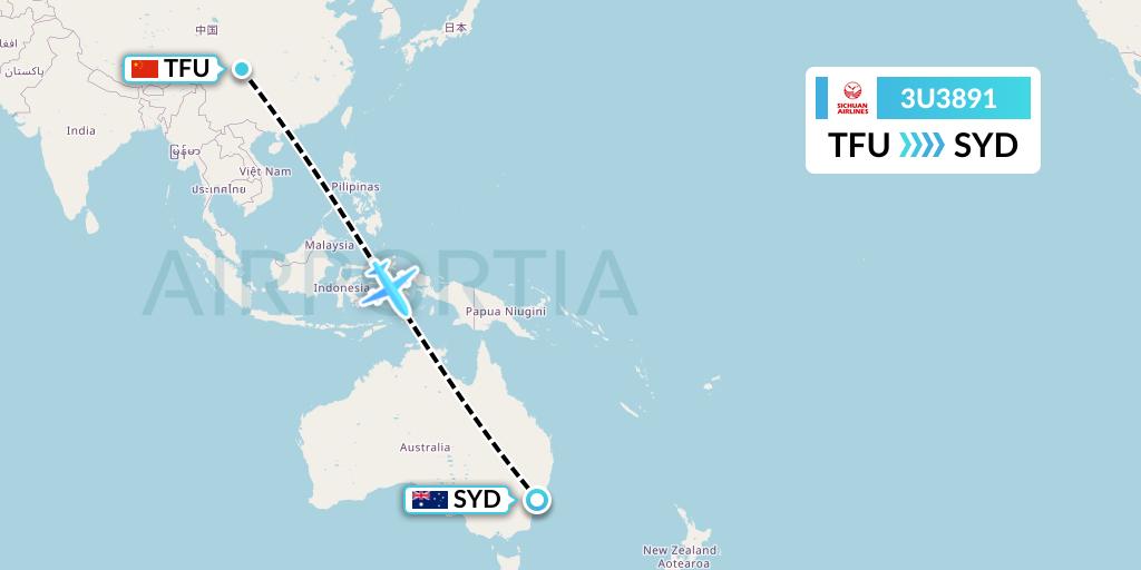 3U3891 Sichuan Airlines Flight Map: Chengdu to Sydney