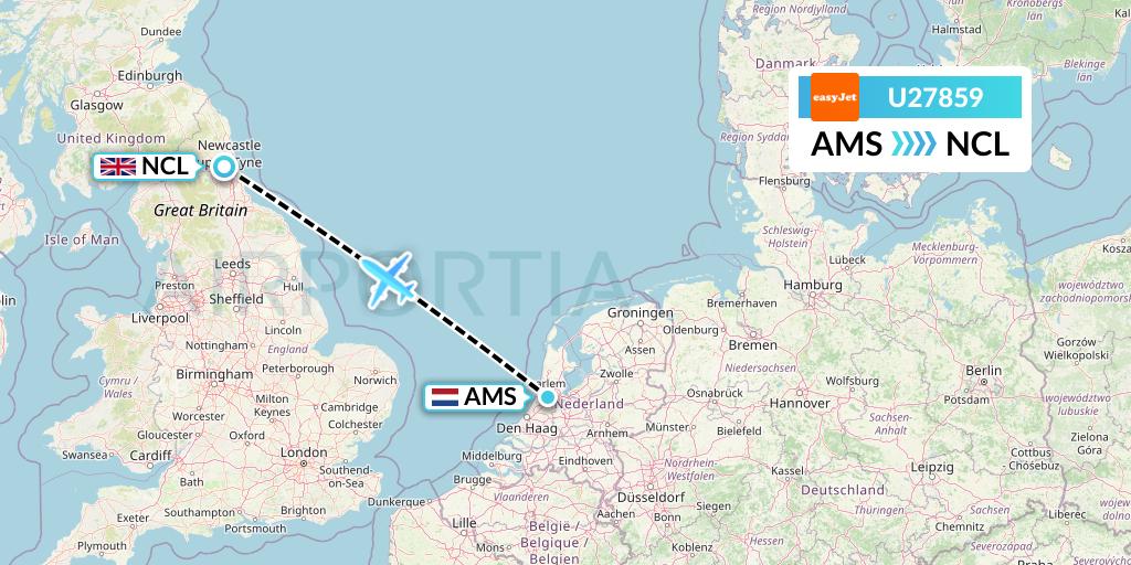 U27859 EasyJet Flight Map: Amsterdam to Newcastle