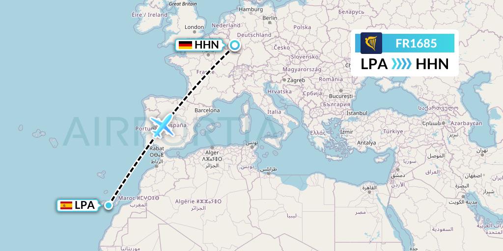 FR1685 Ryanair Flight Map: Las Palmas to Hahn
