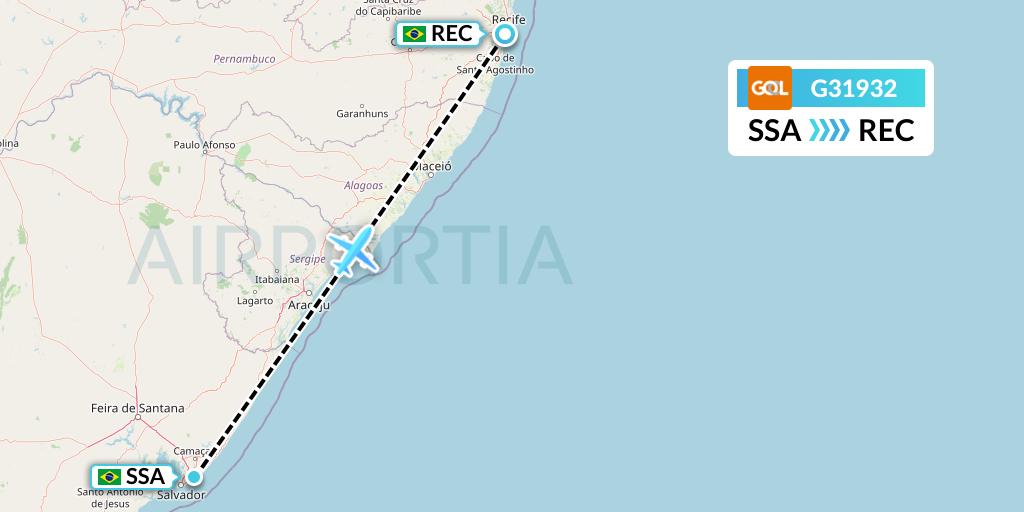 G31932 GOL Transportes Aeros Flight Map: Salvador to Recife