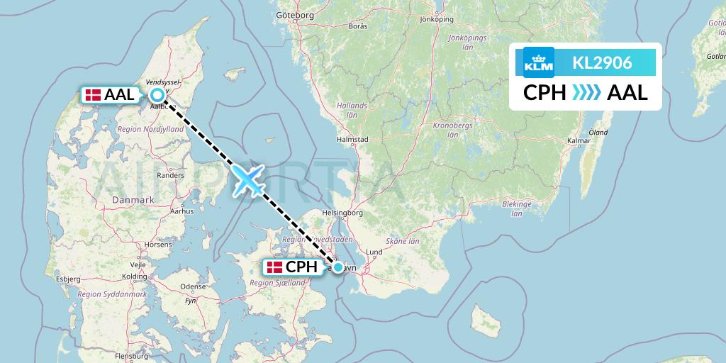 KL2906 KLM Flight Map: Copenhagen to Aalborg