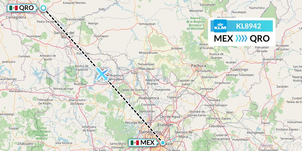 KL8942 KLM Flight Map: Mexico City to Queretaro