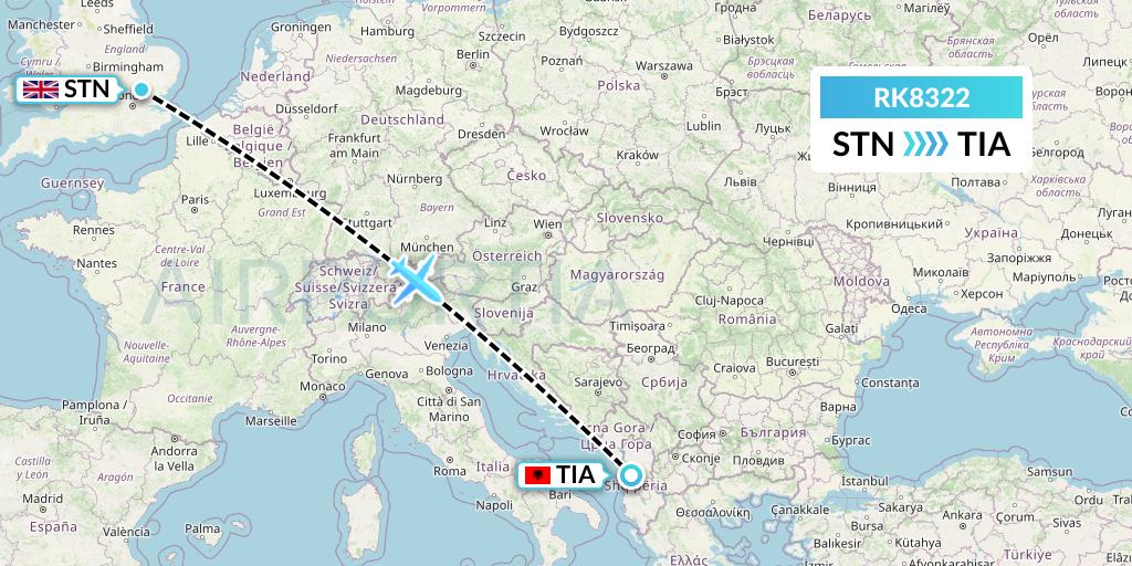 RK8322 Ryanair UK Flight Map: London to Tirana