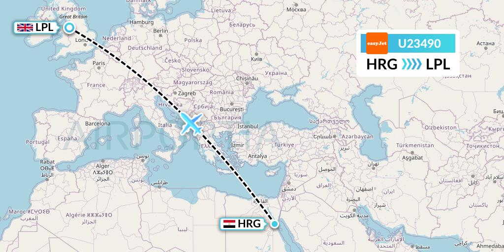 U23490 EasyJet Flight Map: Hurghada to Liverpool