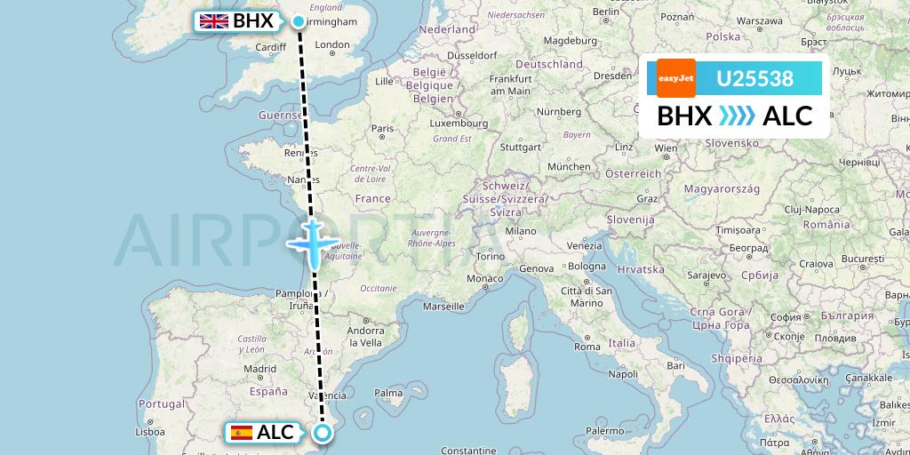 U25538 EasyJet Flight Map: Birmingham to Alicante
