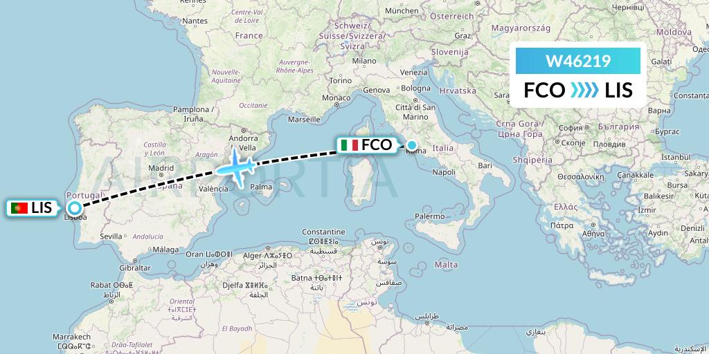 W46219 Wizz Air Malta Flight Map: Rome to Lisbon