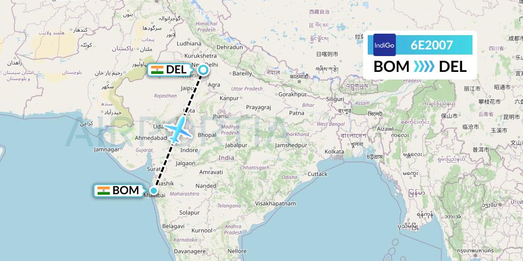 6E2007 IndiGo Airlines Flight Map: Mumbai to Delhi