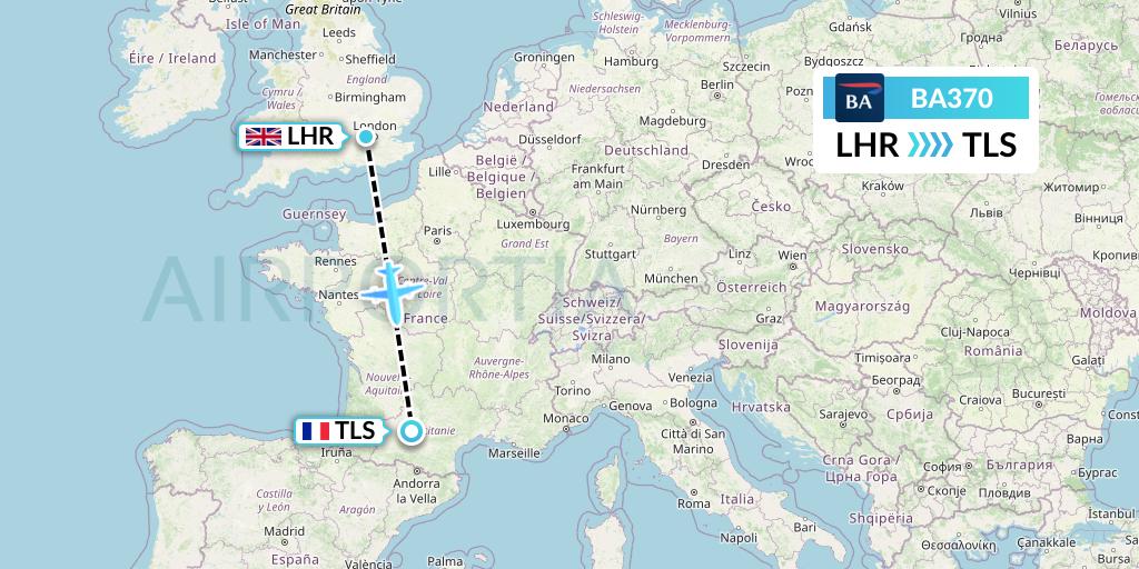 BA370 British Airways Flight Map: London to Toulouse