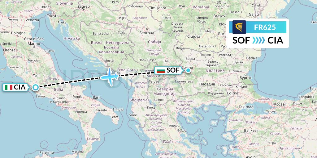 FR625 Ryanair Flight Map: Sofia to Rome