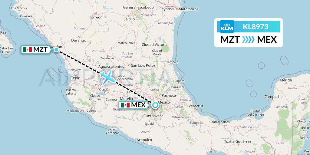 KL8973 KLM Flight Map: Mazatlan to Mexico City