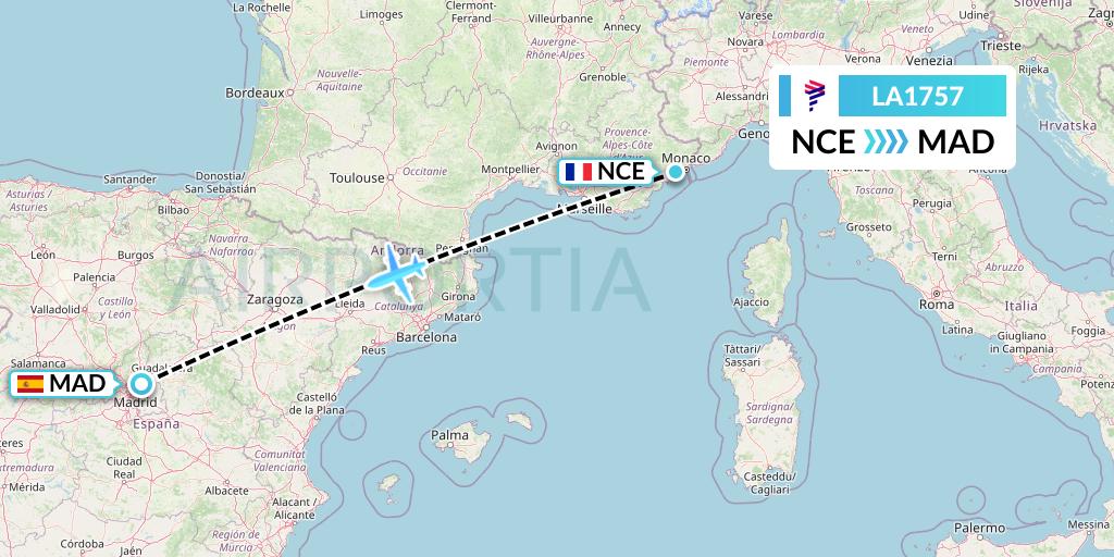 LA1757 LAN Airlines Flight Map: Nice to Madrid
