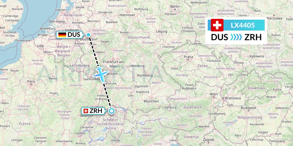 LX4405 Swiss Flight Map: Dusseldorf to Zurich