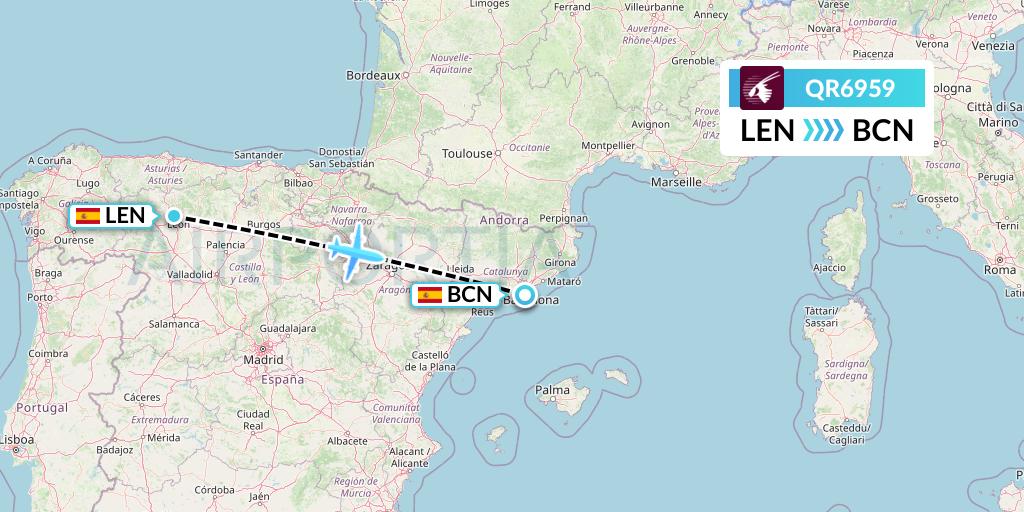 QR6959 Qatar Airways Flight Map: Leon to Barcelona