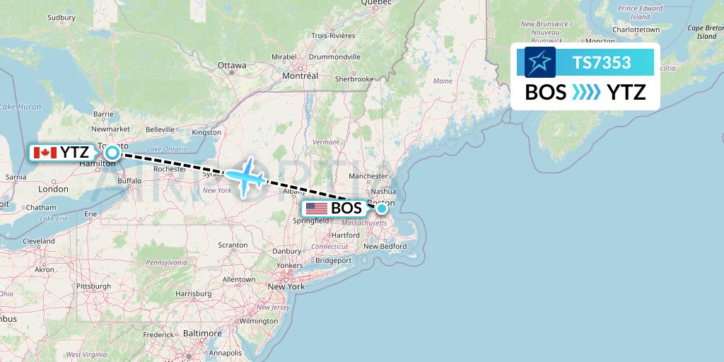 TS7353 Air Transat Flight Map: Boston to Toronto