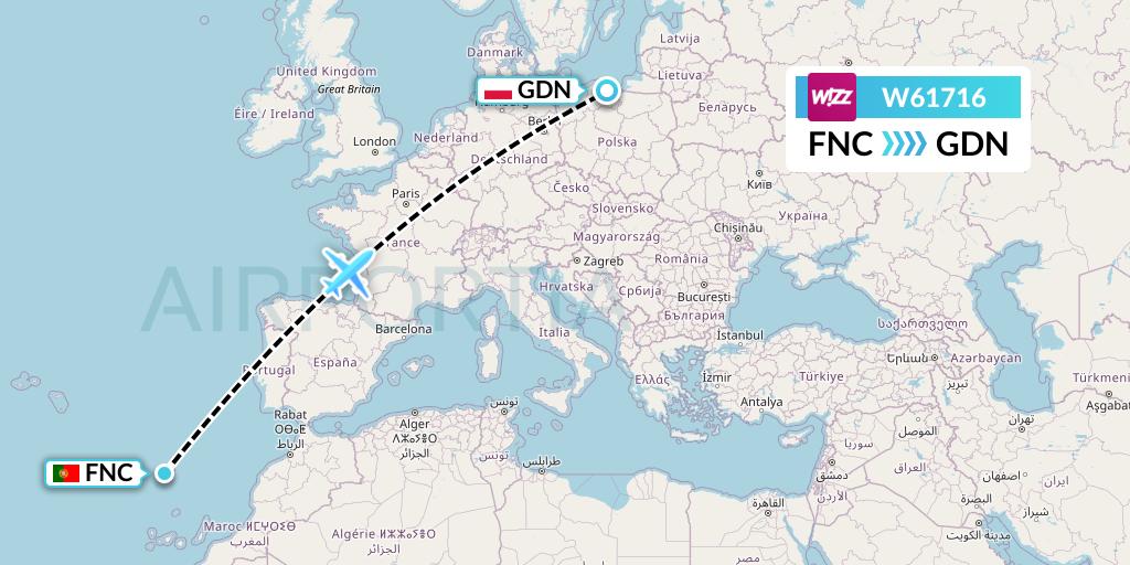 W61716 Wizz Air Flight Map: Funchal to Gdansk