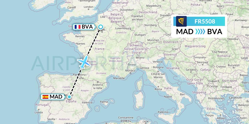 FR5508 Ryanair Flight Map: Madrid to Paris