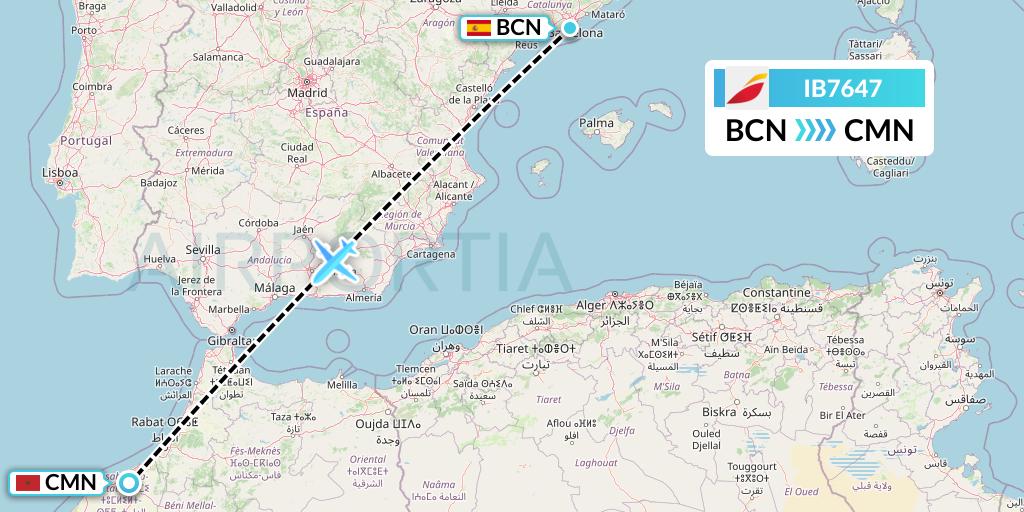 IB7647 Iberia Flight Map: Barcelona to Casablanca