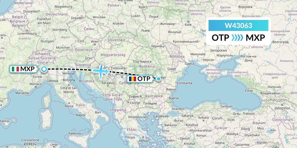 W43063 Wizz Air Malta Flight Map: Bucharest to Milan