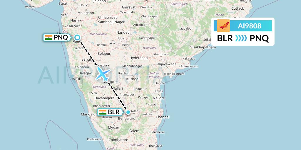 AI9808 Air India Flight Map: Bangalore to Pune