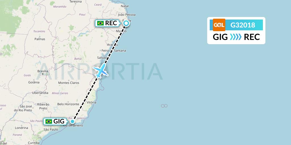 G32018 GOL Transportes Aeros Flight Map: Rio de Janeiro to Recife