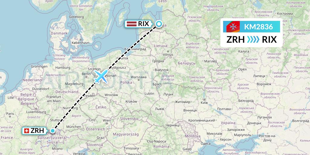 KM2836 Air Malta Flight Map: Zurich to Riga