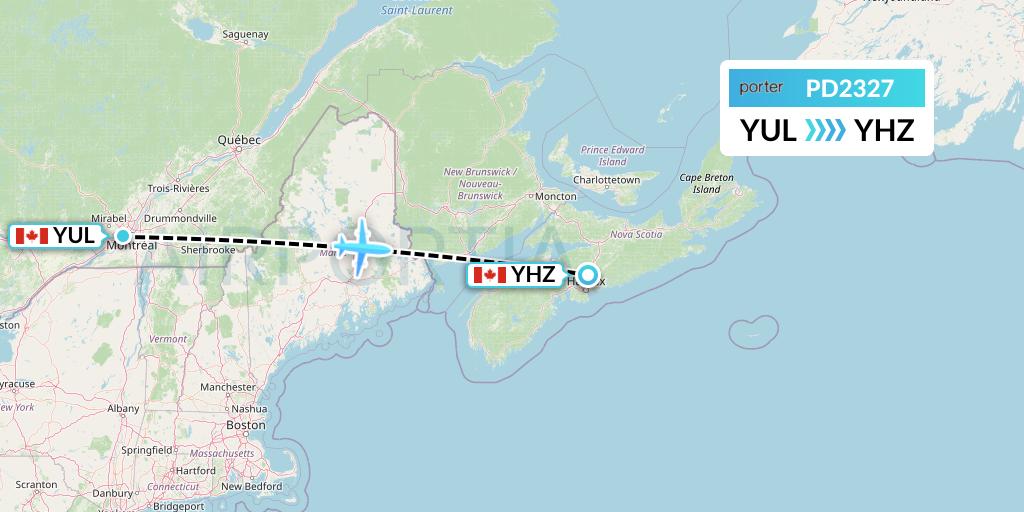 PD2327 Porter Airlines Flight Map: Montreal to Halifax